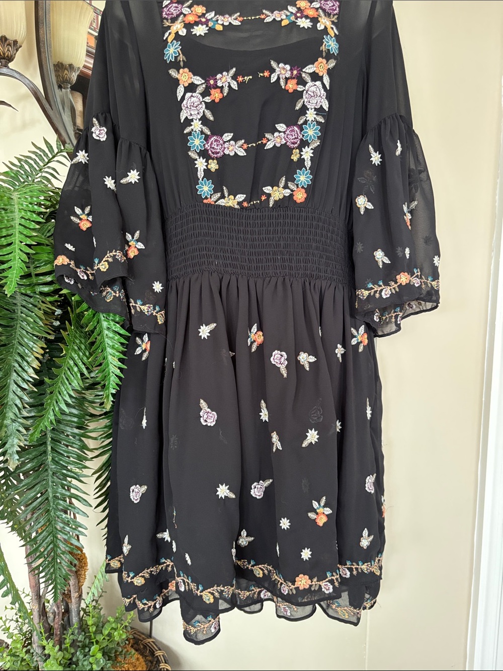 Maeve Anthropologie Black Floral Embroidered Layered Sheer Ruffle Mini Dress - Picture 4 of 15